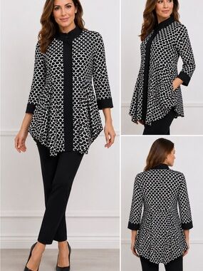 Joseph Ribkoff Black & White Geo-Print Tunic with Contrast Trim